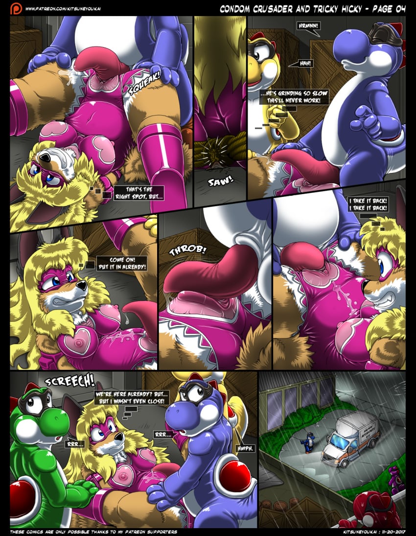 2017 anthro areola blue_eyes blue_yoshi breasts canine clothed clothing comic condom_crusader dinosaur english_text female firecat footwear fox fur gloves green_yoshi hair half-closed_eyes kitsune_youkai male mammal mario_(series) mask nintendo nipples page_4 penis precum pussy rubber_lass scalie smile straight superhero teeth text thought_bubble tight_clothing tongue video_games yellow_yoshi yoshi