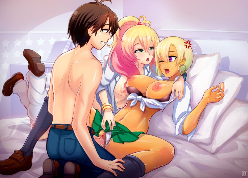 1boy 2girls alternate_version_available assisted_sex bed bedroom big_breasts breasts clothed_sex dark-skinned_female dark_skin female ffm_threesome gyaru hajimete_no_gal hashiba_junichi hmage human human_only indoors jllarge_breasts light-skinned_female light-skinned_male light_skin male missionary panties panties_aside penis pillows pussy ranko_honjou room sex socks spread_legs threesome vaginal_penetration white_panties yame_yukana