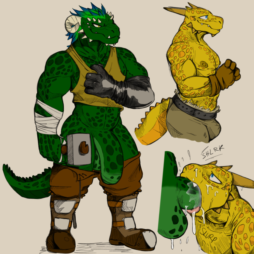 anthro argonian balls bandage big_balls big_penis bulge clothed clothing daftpatriot duo edit fellatio fringecore green_scales hammer horn humanoid_penis male multiple_images muscular muscular_male neck_bulge oral pants_down partially_clothed penis precum scales scalie sex smile smirk solo sweat the_elder_scrolls thick_thighs tongue tongue_out tools uncut unzipped video_games yaoi yellow_scales