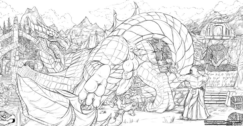 2015 anthro anus artist_name balls clothed clothing crazydrak dated disembodied_penis dragon erection feral genitals group hi_res human humanoid_genitalia humanoid_penis imminent_anal knot lying magic_user male mammal melee_weapon membrane_(anatomy) membranous_wings monochrome mostly_nude muscular muscular_anthro muscular_male mythological_creature mythological_scalie mythology object_in_ass on_back open_mouth outside penis scalie sword text weapon wings zoophilia