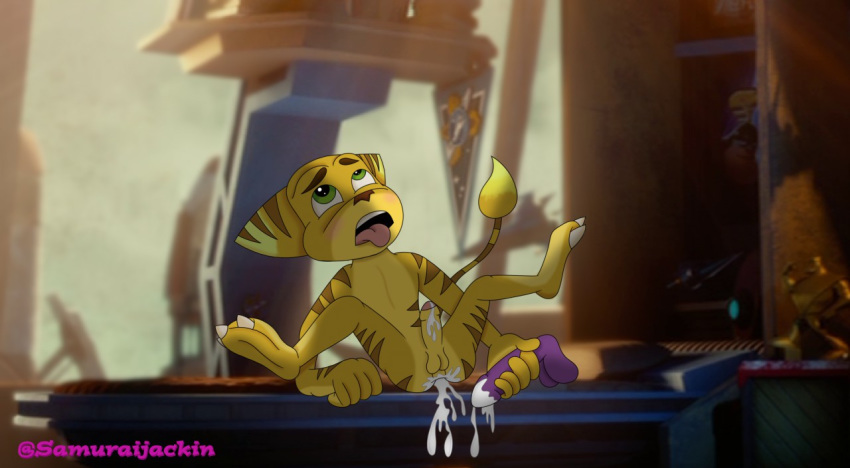 3d_background anal anthro blurry_background bodily_fluids cum cum_inside dildo genital_fluids lombax lube male male/male male_only mammal ratchet_(ratchet_and_clank) ratchet_and_clank samuraijackin screencap_background sex_toy solo video_games