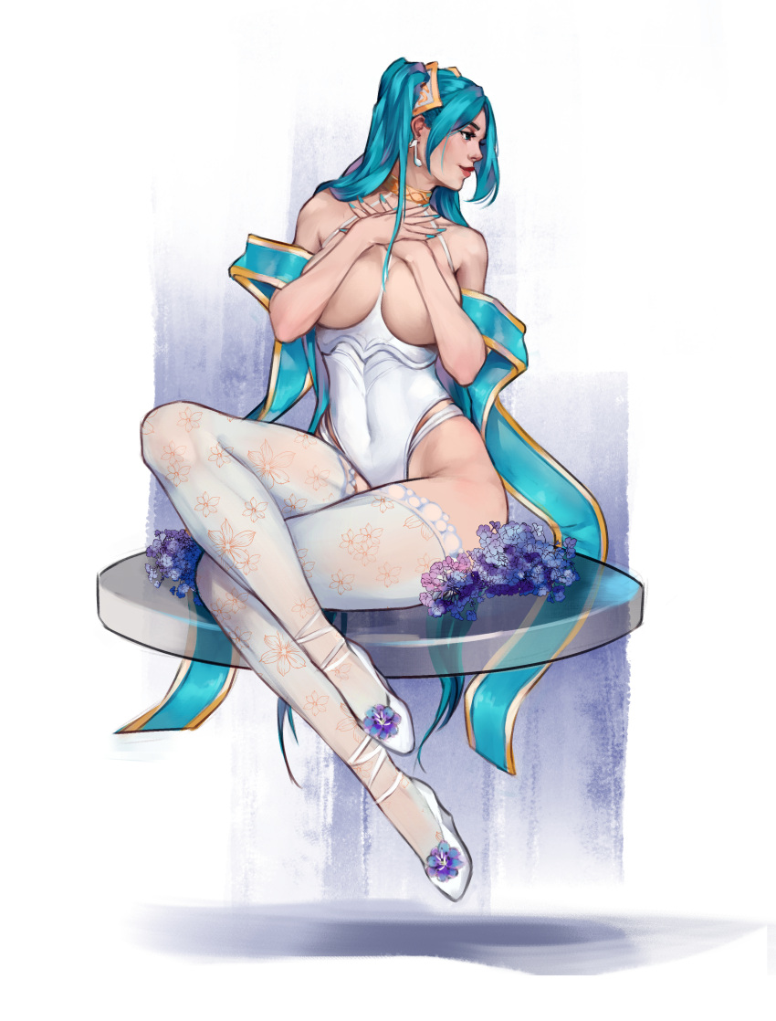 1girls absurdres aqua_eyes aqua_hair aqua_nails bare_shoulders breasts breasts_out covering covering_breasts dulapda earrings female floral_print high_heels highleg highleg_swimsuit highres large_breasts league_of_legends long_hair looking_to_the_side multi-strapped_swimsuit nail_polish one-piece_swimsuit platform_footwear shawl sitting smile solo sona_buvelle swimsuit thighhighs twintails very_long_hair wedge_heels white_legwear