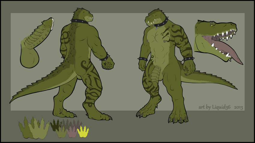 1boy 2013 abs alligator andre_(chapu) anthro ass balls barbs biceps big_penis bust claws collar digitigrade erection facial_piercing flaccid full-length_portrait full_length green_scales hybrid komodo_dragon liquid36 lizard male male_only model_sheet monitor_lizard multiple_angles muscles nipple_piercing nipples nude penis piercing portrait precum reptile ridged_penis scalie sharp_teeth solo spiked_bracelet spiked_collar standing tattoo teeth