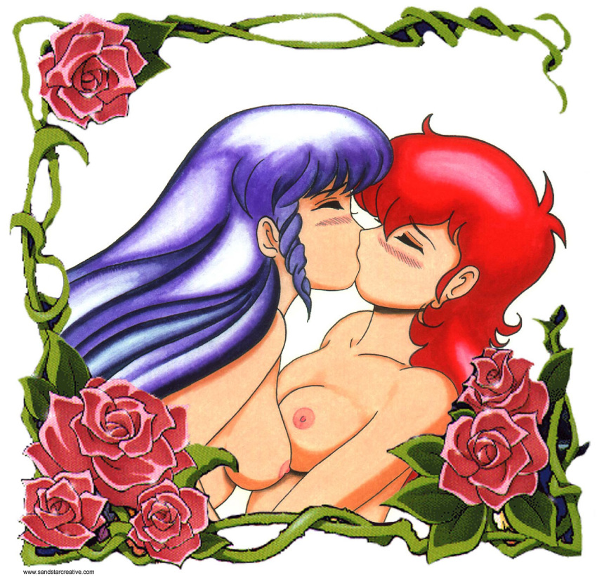 2girls a-ko_magami b-ko_daitokuji blue_hair blush breasts female human james_bender kissing large_breasts light-skinned_female light_skin long_hair multiple_girls nipples nude project_a-ko red_hair yuri