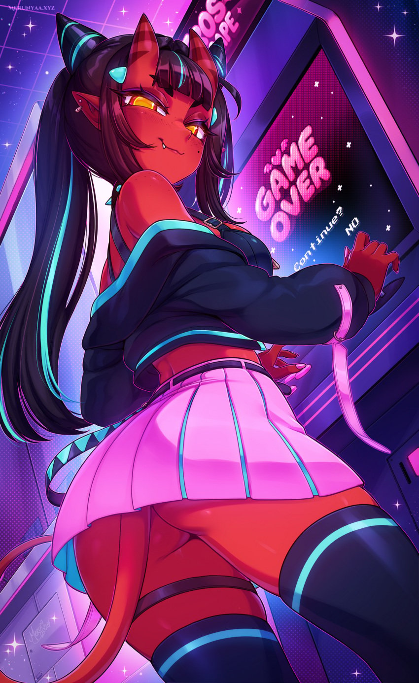 1girls arcade arcade_machine beltskirt demon demon_girl demon_horns demon_tail devil devil_girl devil_horns devil_tail dyed_hair fang fully_clothed gamer_girl hair_streak looking_down meru_(merunyaa) meruccubus_(merunyaa) merunyaa no_panties off_shoulder original original_character red_skin smug smug_face smug_grin smug_smile solo solo_female solo_focus streaked_hair succubus succubus_horns succubus_tail tagme thigh_highs thighhighs thighs yellow_eyes