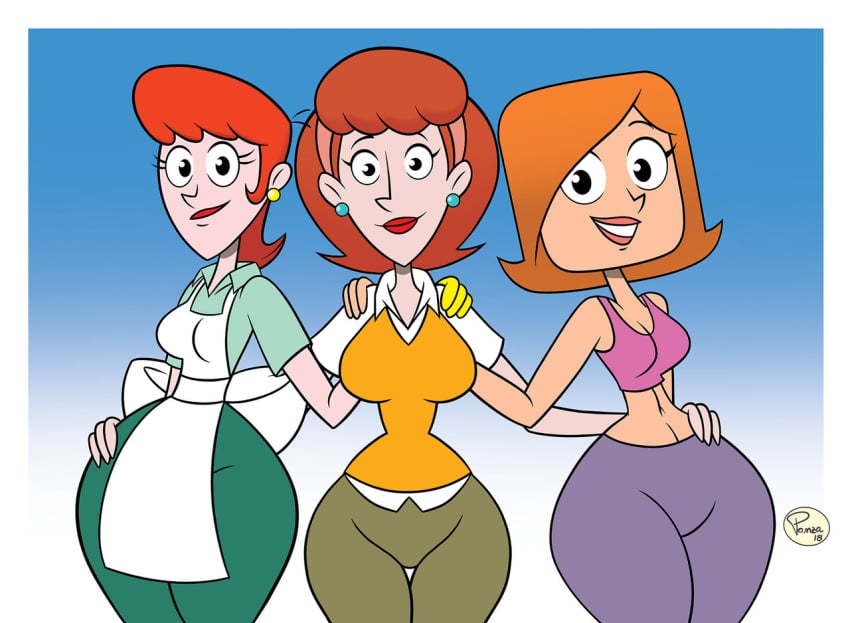 3girls big_breasts blue_background brown_hair clothed crossover debbie_turnbull dexter's_laboratory dexter's_mom female female_only ginger gradient_background ilpanza linda_flynn-fletcher looking_at_viewer milf milfs orange_hair phineas_and_ferb red_hair red_head robotboy thick_thighs white_background wide_hips