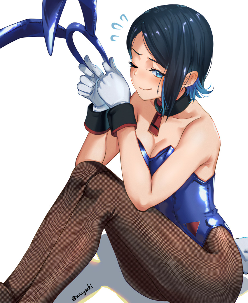 aona_(anagasaki) bare_shoulders black_hair black_pantyhose blue_eyes blue_hair breasts cleavage female gloves gundam gundam_suisei_no_majo highres leotard medium_breasts multicolored_hair nika_nanaura one_eye_closed pantyhose playboy_bunny short_hair simple_background sitting solo strapless strapless_leotard sweatdrop twitter_username white_background white_gloves wrist_cuffs