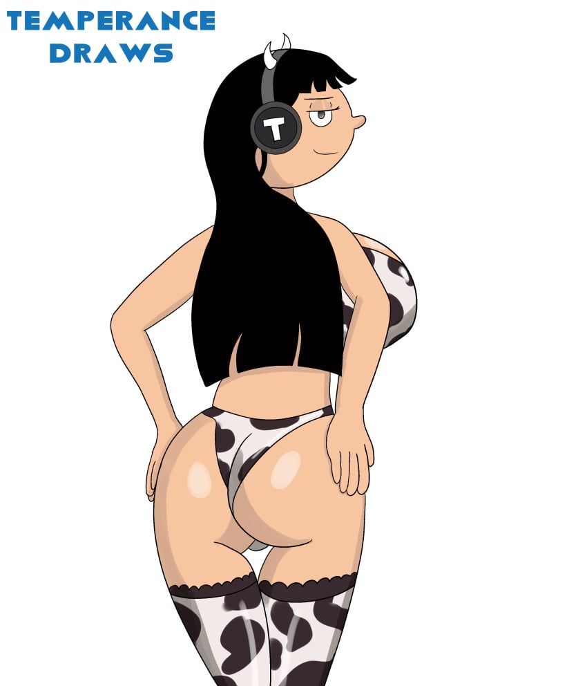 aged_up ass ass_focus black_hair breasts cow_print cow_print_bra cow_print_legwear cow_print_panties fake_cow_horns female female_focus female_only hands_on_hips headphones hey_arnold! hypnosis large_breasts latex long_hair looking_at_viewer looking_back looking_sideways mind_control nickelodeon rhonda_wellington_lloyd smile temperancedraws white_background