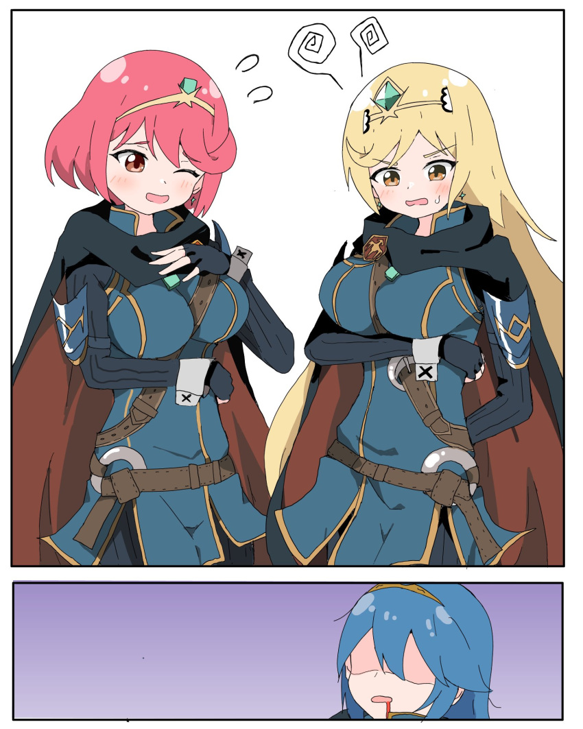 3girls blonde_hair blue_hair breast_envy cosplay fire_emblem fire_emblem_awakening genbrotohirata large_breasts lucina_(fire_emblem) lucina_(fire_emblem)_(cosplay) mythra nintendo pyra red_eyes red_hair tight_clothing xenoblade_(series) xenoblade_chronicles_2 yellow_eyes