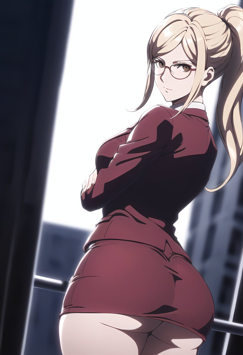 1girls ai_generated akiyama_kaede ass ass back_view big_ass big_butt blonde_hair brown_eyes clothed clothed_female clothing female female_only from_behind glasses huge_ass huge_butt kengan_(series) kengan_ashura light-skinned_female light_skin looking_at_viewer novelai pale-skinned_female pale_skin ponytail skirt solo solo_female standing thighs white_skin