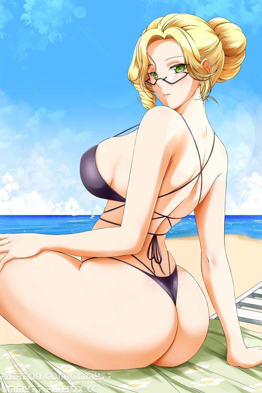 1girls 2:3 ass beach big_ass big_breasts blonde_hair breasts female female_only glasses glynda_goodwitch green_eyes hair_bun kimmy77 large_ass large_breasts mature_female rwby