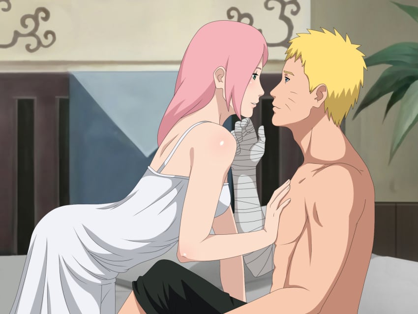 1boy 1girls alternate_hairstyle ass_in_dress bandaged_arm bandages bedroom before_sex bent_over blue_eyes blush blushing_at_another boruto:_naruto_next_generations couple dress female gown green_eyes human iharuluna_(artist) imminent_kiss imminent_sex in_love long_hair looking_at_another looking_at_partner male male/female muscular muscular_male naruto naruto_(series) nightgown on_floor pants pecs pink_hair romantic romantic_couple sakura_haruno shirtless shirtless_(male) short_hair side_view sideboob sitting sleeveless straight toned toned_male touching_chest touching_face uzumaki_naruto yellow_hair