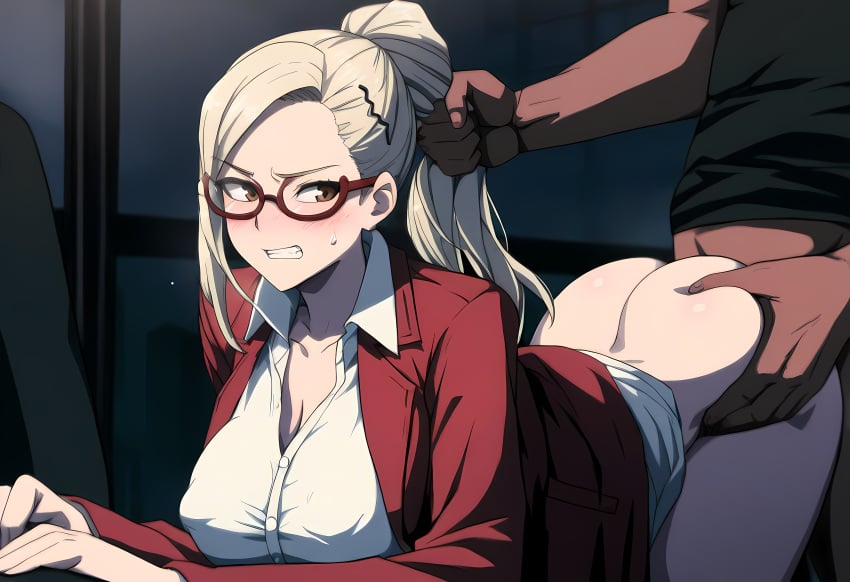 1boy 1girls ai_generated akiyama_kaede ass_cleavage ass_grab ass_up blonde_hair blush brown_eyes clenched_teeth clothed clothing collarbone eyebrows eyelashes female female_penetrated functionally_nude glasses grabbing grabbing_from_behind hair_grab kengan_(series) kengan_ashura light-skinned_female light_skin looking_back male male/female male_penetrating male_penetrating_female novelai pale-skinned_female pale_skin partially_clothed ponytail sweat sweatdrop white_skin