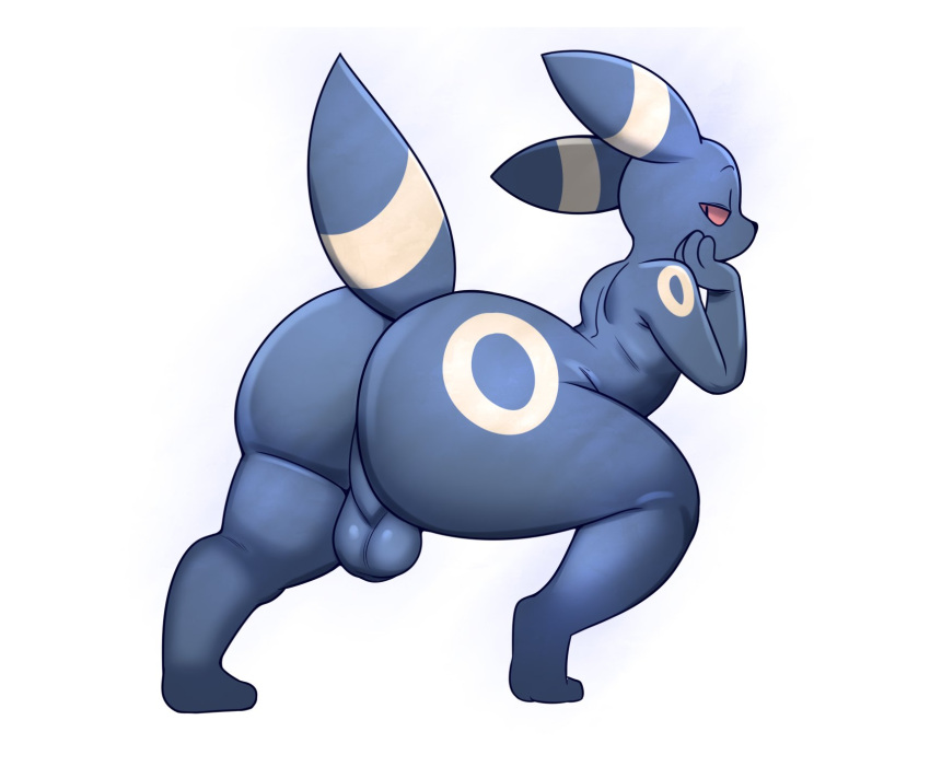 2024 anthro ass balls bedroom_eyes bent_over big_butt black_body black_ears black_eyes black_fur black_nose black_tail digital_media_(artwork) eeveelution fur generation_2_pokemon genitals golde half-closed_eyes hand_on_face hand_on_own_face hi_res looking_back male multicolored_body multicolored_fur narrowed_eyes nintendo pokemon pokemon_(species) presenting presenting_hindquarters rear_view red_sclera seductive simple_background solo solo_male tail thick_thighs three-quarter_view two_tone_body two_tone_fur two_tone_tail umbreon white_background yellow_body yellow_ears yellow_fur yellow_tail