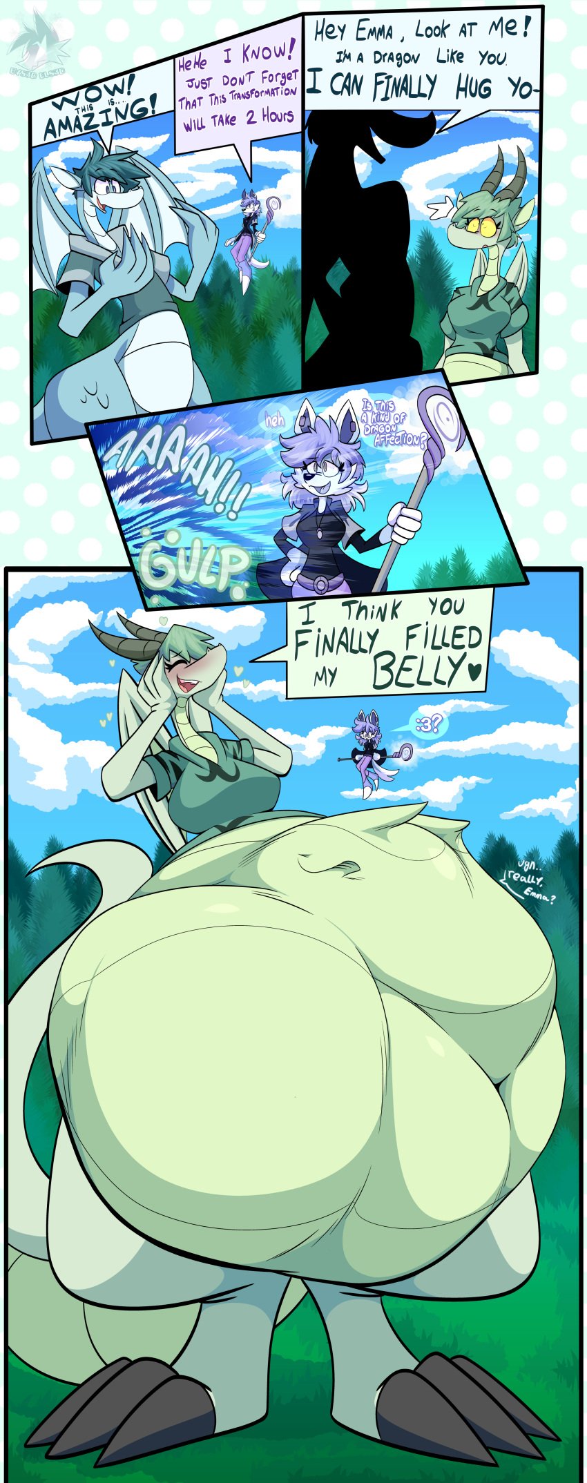 1boy 2girls big_belly bulging_belly digital_drawing_(artwork) digital_media_(artwork) dragon dragoness els3d emma_(els3d) giant_female giant_male giantess sed_(els3d) smiling text unwilling vore