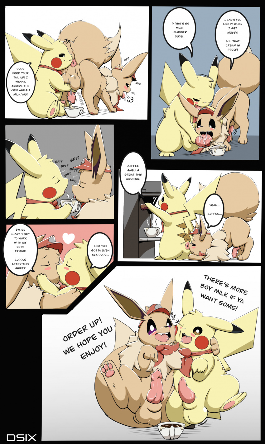 absurd_res anus balls beverage blush bodily_fluids butt_sniffing coffee comic cum cum_in_a_cup cum_in_beverage cum_in_coffee cum_in_container cumshot dsub9 duo eevee ejaculation erection feral generation_1_pokemon genital_fluids genitals hi_res hug kissing licking looking_at_viewer male male/male nintendo oral penile penis penis_lick penis_milking pikachu pokemon pokemon_(species) pokemon_cafe_remix presenting presenting_balls presenting_penis saliva saliva_on_penis saliva_on_tongue saliva_string sex sniffing spitting talking_to_viewer tongue