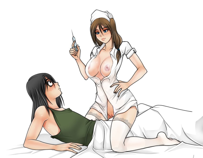 1boy 1girls artur_(living_with_hipstergirl_and_gamergirl) blue_eyes breasts breasts_out erika_(living_with_hipstergirl_and_gamergirl) female jago_dibuja living_with_hipstergirl_and_gamergirl male nipples nurse pussy