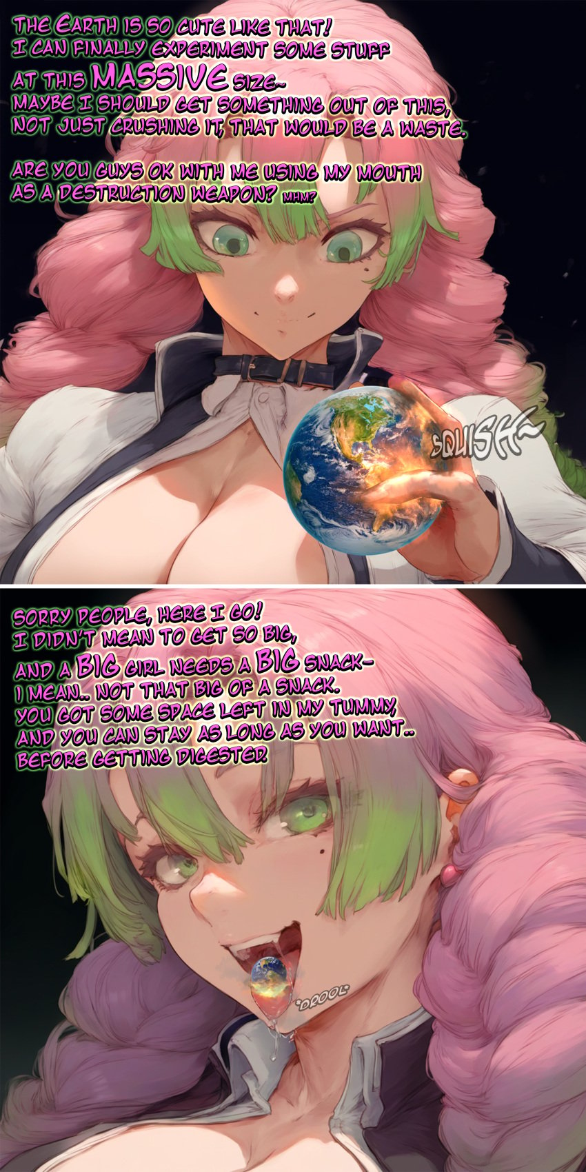 1girls 2koma ai_generated artist_request big_breasts collared_shirt comic demon_slayer earth english_text giantess green_eyes kanroji_mitsuri karnamas kimetsu_no_yaiba nai_diffusion photoshop pink_hair planetary_annihilation saliva saliva_trail self_upload size_difference solo space tagme text tongue tongue_out