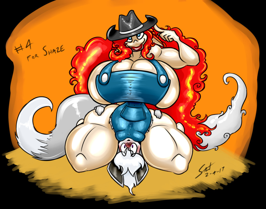 2017 absurd_res anthro ass big_breasts big_butt blue_eyes blush breasts cameltoe canine clothed clothing cowboy_hat eevee eeveelution facesitting farmer farmgirl female fox hair hand_on_butt hat highres huge_breasts huge_butt hybrid invalid_tag josephine_lee_harris kneeling large_ass larger_female lipstick lying makeup male mammal mature_female nintendo overalls pokémon_(species) pokemon pokemon_(species) saliant shaze size_difference smaller_male smile straight thick_thighs video_games voluptuous wide_hips