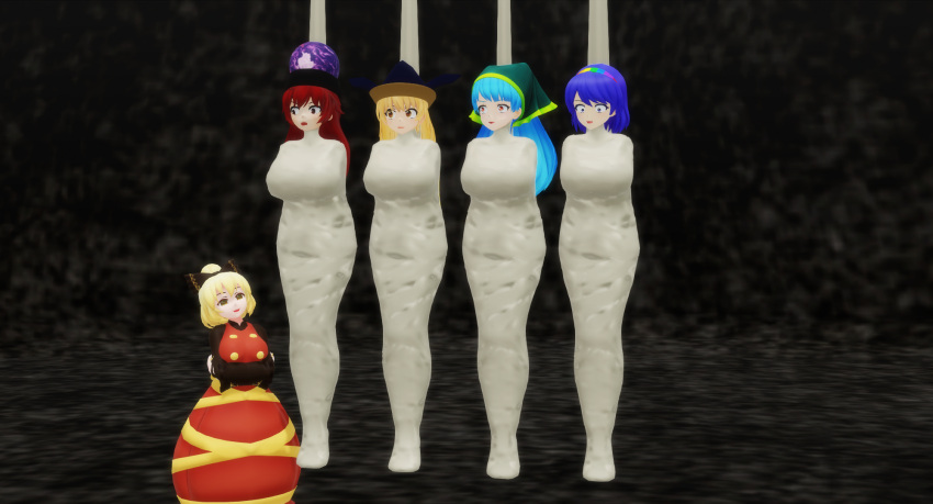 5girls bondage captured chimata_tenkyuu fgh098765 hecatia_lapislazuli keiki_haniyasushin mummification mummy_costume okina_matara restrained spider_web touhou wrapped yamame_kurodani