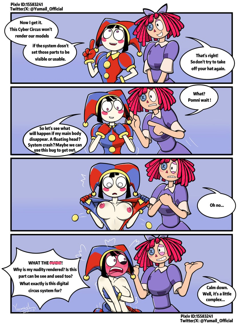 2girls areolae breasts comic english_text multiple_girls nipples pomni_(the_amazing_digital_circus) ragatha ragatha_(the_amazing_digital_circus) solo_female the_amazing_digital_circus white_body yumail