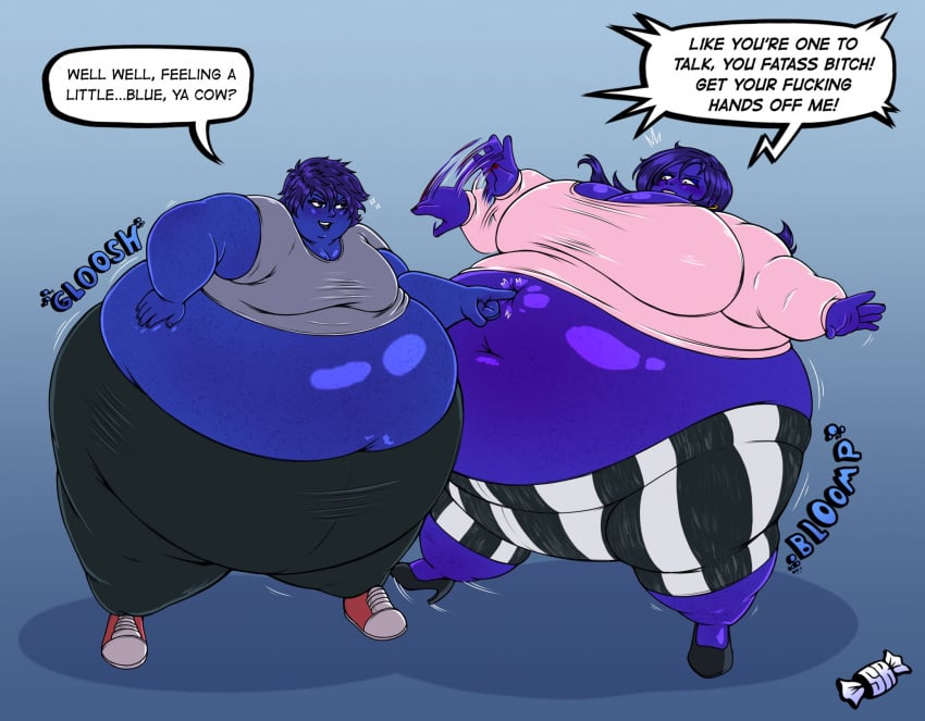 2girls big_breasts blueberry_inflation breasts cleavage female huge_breasts inflation multiple_girls siblings sugarrollart tagme thick_thighs wide_hips