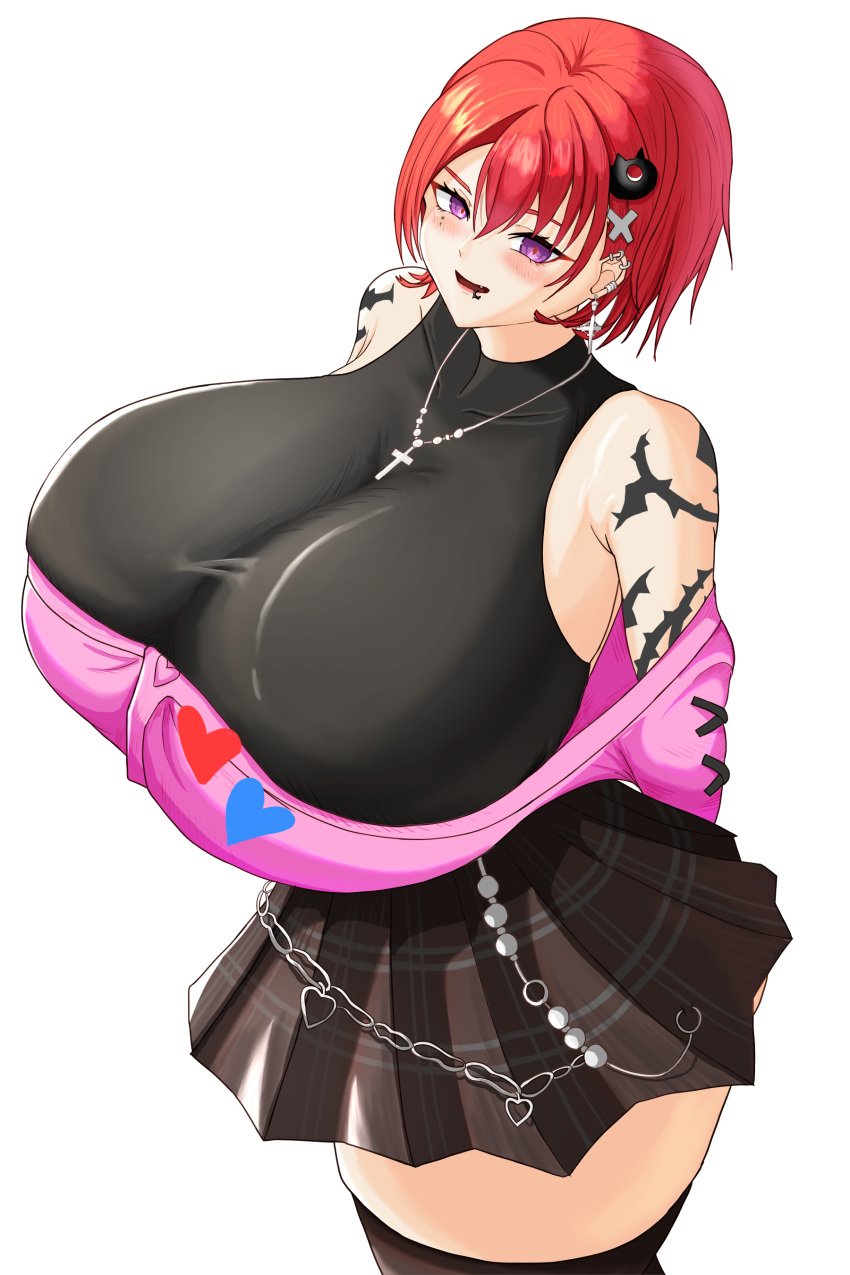 1girls blushing blushing_at_viewer breasts_bigger_than_head cross_necklace ear_piercing earrings female gigantic_breasts huge_boobs huge_breasts impossible_clothes light-skinned_female looking_at_viewer mouth_piercing plaid_skirt purple_eyes red_hair short_hair skirt solo tatoos tattoo_on_arm tattoo_on_shoulder tattoos thick_thighs thighhighs thunder_thighs unknown_artist unknown_character white_background