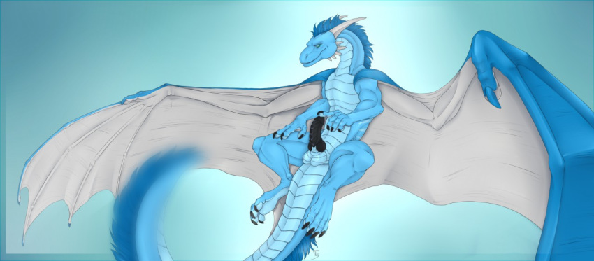 2017 balls blue_eyes blue_hair claws digital_media_(artwork) dragon erection feral fur hair horn knot male male_only mane neverneverland nude penis scales seregir seregir_draike simple_background solo western wings wingspan