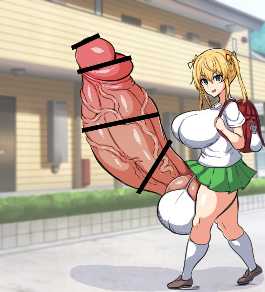 1futa about_to_cum backpack ball_bra balls balls_bigger_than_head balls_bigger_than_torso blonde_hair breasts casual_exposure censor_bar censored clothed clothing erection exposed_penis futa_only futanari huge_breasts human hyper hyper_balls hyper_genitalia hyper_penis light-skinned_futanari light_skin looking_at_viewer mostly_clothed no_text original original_character original_characters penis penis_bigger_than_body penis_longer_than_knee pesshin school_uniform short_hair shortstack skirt smaller_futanari smug smug_face solo standing textless thick_thighs uniform vein veins veiny_penis walking