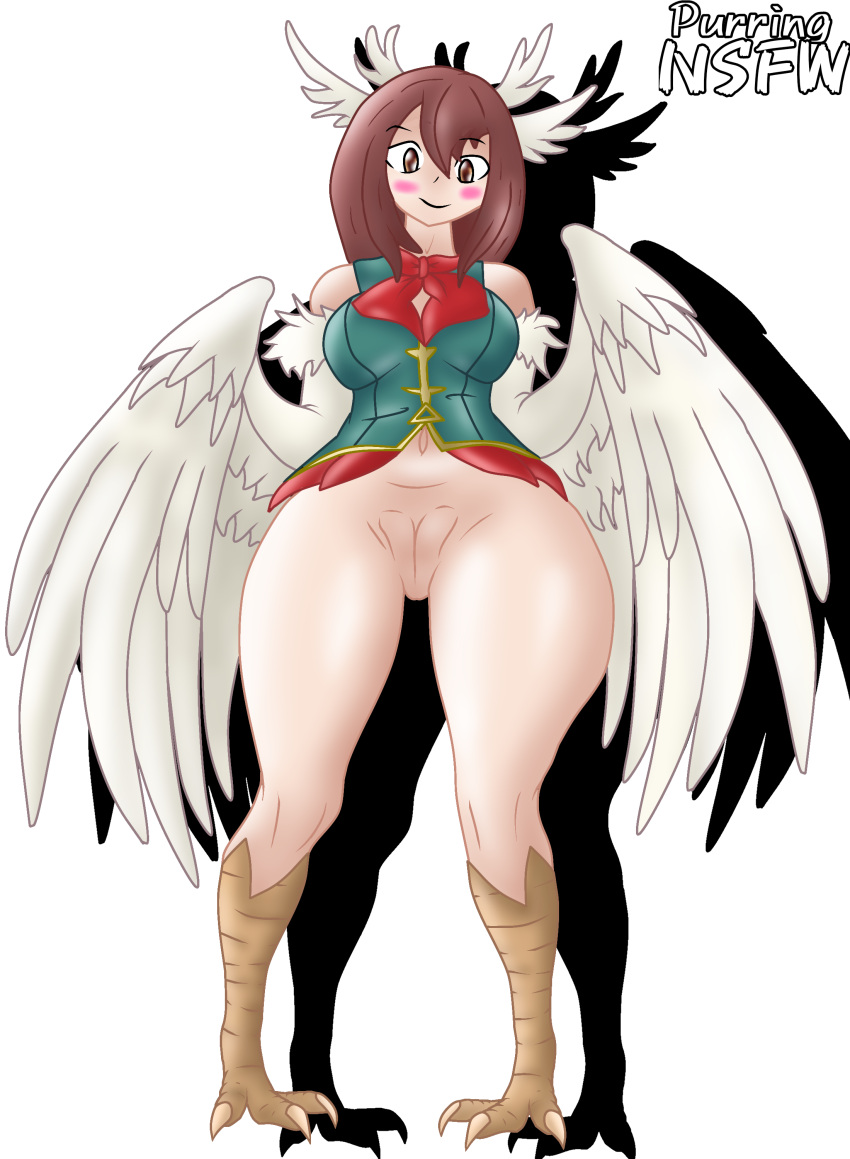 1girls 2d artist_name big_breasts bird_feet bird_wings blush bottomless brown_eyes commission emily(blarghonator) feathers female_only harpy harpy_girl oc original_character purringnsfw pussy pussy_out shadow smiling white_background wings