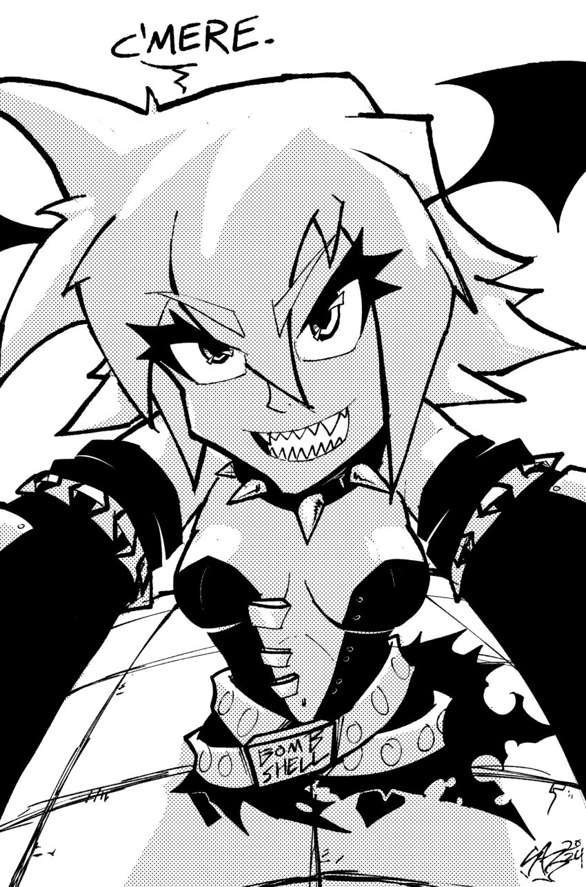 1girls bat_wings blackwidow_apocalypse breasts capslockcrush demon demon_girl dialogue english_text female_only inner_sideboob mourningstar official_art official_artist pov sharp_teeth spiked_collar text webcomic webtoon