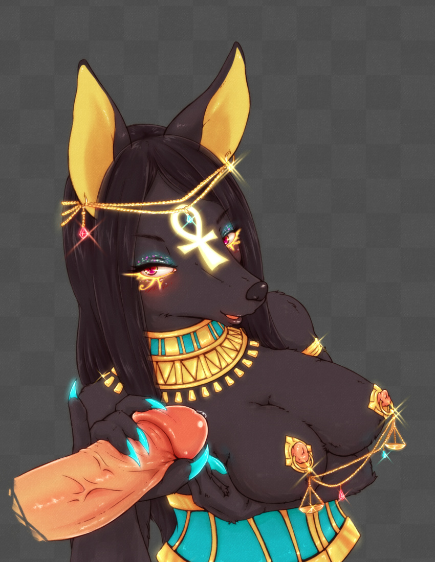 2017 absurdres anthro anubis big_breasts big_penis black_fur black_hair blush breasts canine claws cleavage clothed clothing deity disembodied_penis duo ear_piercing erection eyelashes eyeshadow female female_focus fur furry glowing glowing_claws grey_background hair half-closed_eyes half-length_portrait handjob highres human human_on_anthro interspecies jackal jewelry looking_at_viewer makeup male male/female male_on_anthro mammal nipple_piercing nipples open_mouth penile penis piercing portrait precum red_eyes rigi sex simple_background solo_focus straight vein veiny_penis