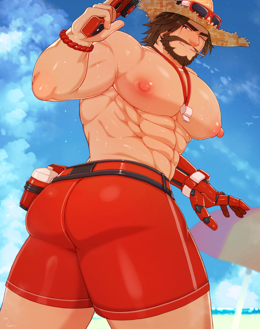 1boy ass ass_focus bara beard blizzard_entertainment brown_hair clothing cole_cassidy lifeguard_cassidy male male_nipples male_only manly mature_male muscular_male nipples overwatch overwatch_2 rapbitan