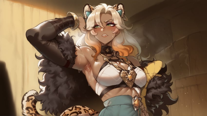 1boy 1girls ai_generated animal_ears armpit_fetish artist_name back_view genshin_impact hoyoverse imperfectai leopard_print leopard_spots mihoyo showing_off stable_diffusion tagme tagme_(artist) tail thiccwithaq_(ai_style) xilonen_(genshin_impact)