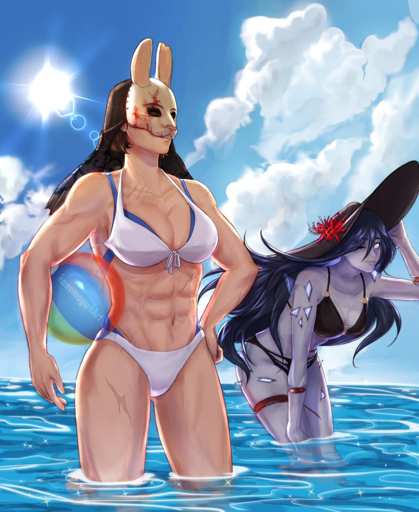 abs beach bikini dbd dead_by_daylight hooked_on_you huntress_(dead_by_daylight) j2girls kanemagan_(artist) muscular ocean rin_yamaoka the_spirit_(dead_by_daylight)