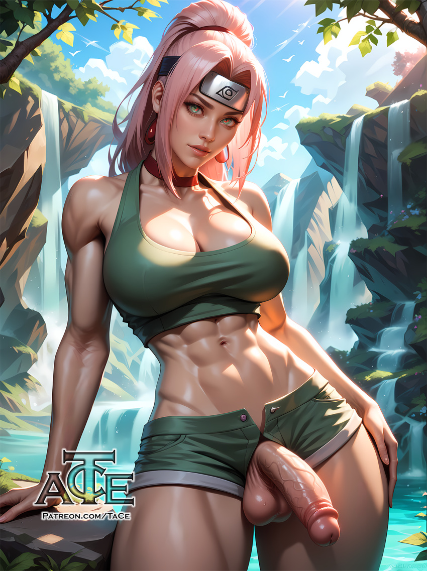 1futa abs ai_generated balls big_balls big_breasts breasts curvy dickgirl futa_only futanari looking_at_viewer muscular_futanari naruto nsfw penis perfect_body ready_to_fuck sakura_haruno small_waist smile solo taceee testicles veiny_penis