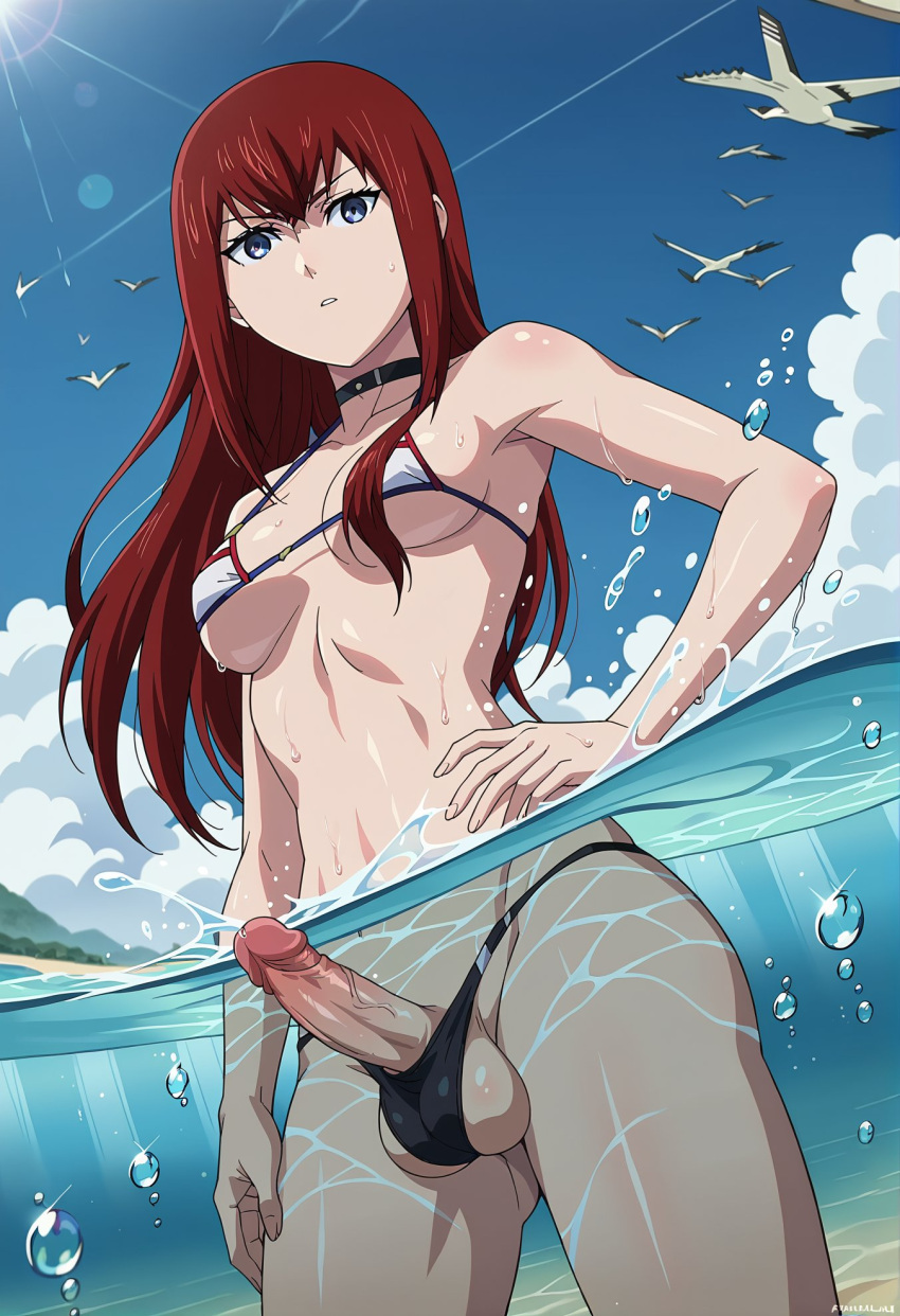 1futa ai_generated bikini bikini_bottom bikini_top choker dickgirl erection futa_only futanari greentime long_hair makise_kurisu pose red_hair solo_futa steins;gate underwater underwater_view