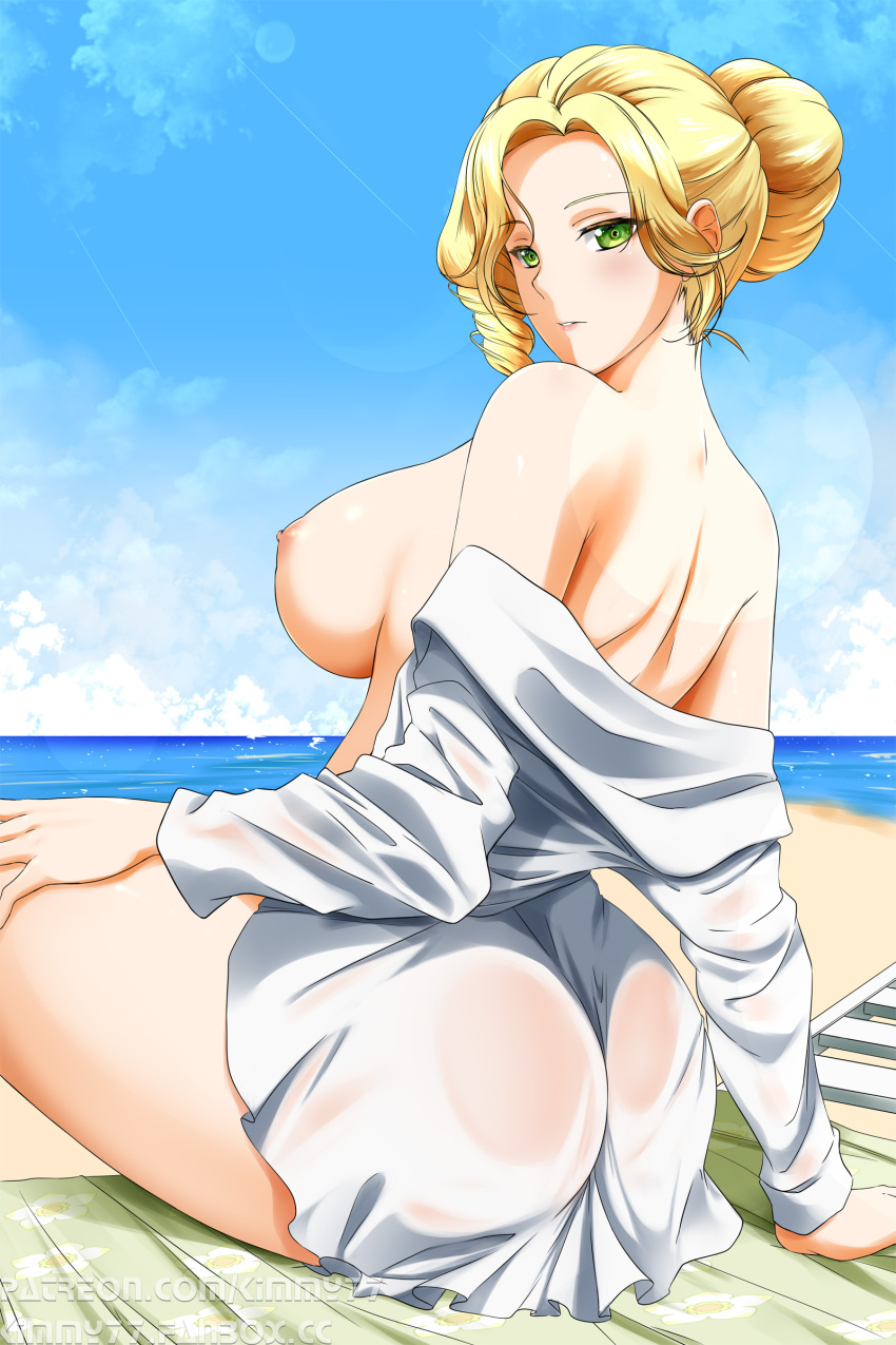 1girls 2:3 ass beach big_ass big_breasts bikini blonde_hair breasts breasts_out female female_only glynda_goodwitch green_eyes hair_bun kimmy77 large_ass large_breasts mature_female rwby shirt_only