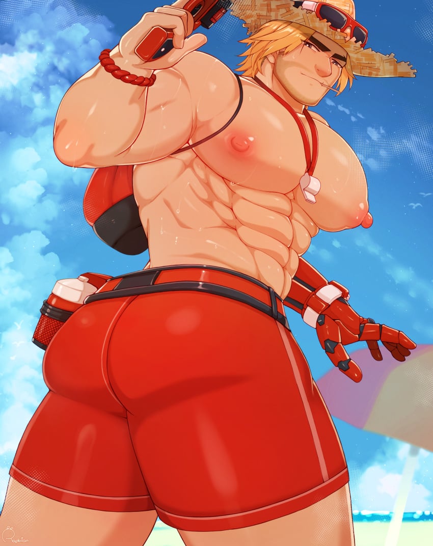 1boy ass ass_focus bara beard blizzard_entertainment blonde_hair brown_hair clothing cole_cassidy lifeguard_cassidy male male_nipples male_only manly mature_male muscular_male nipples overwatch overwatch_2 rapbitan