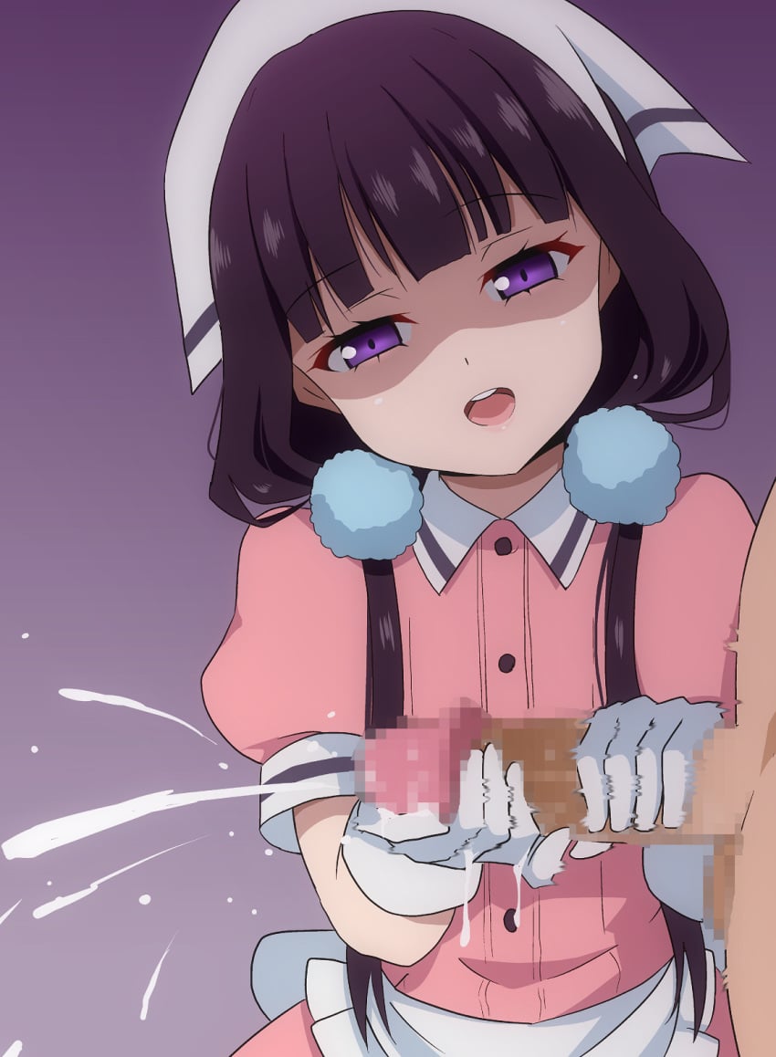 1boy apron bangs blend_s censored cum ejaculation eyebrows_visible_through_hair female gloves hair_ornament handjob head_scarf hera_(hara0742) highres long_hair low_twintails mosaic_censoring open_mouth penis purple_background purple_eyes sakuranomiya_maika shaded_face short_sleeves stile_uniform testicles twintails waitress white_gloves