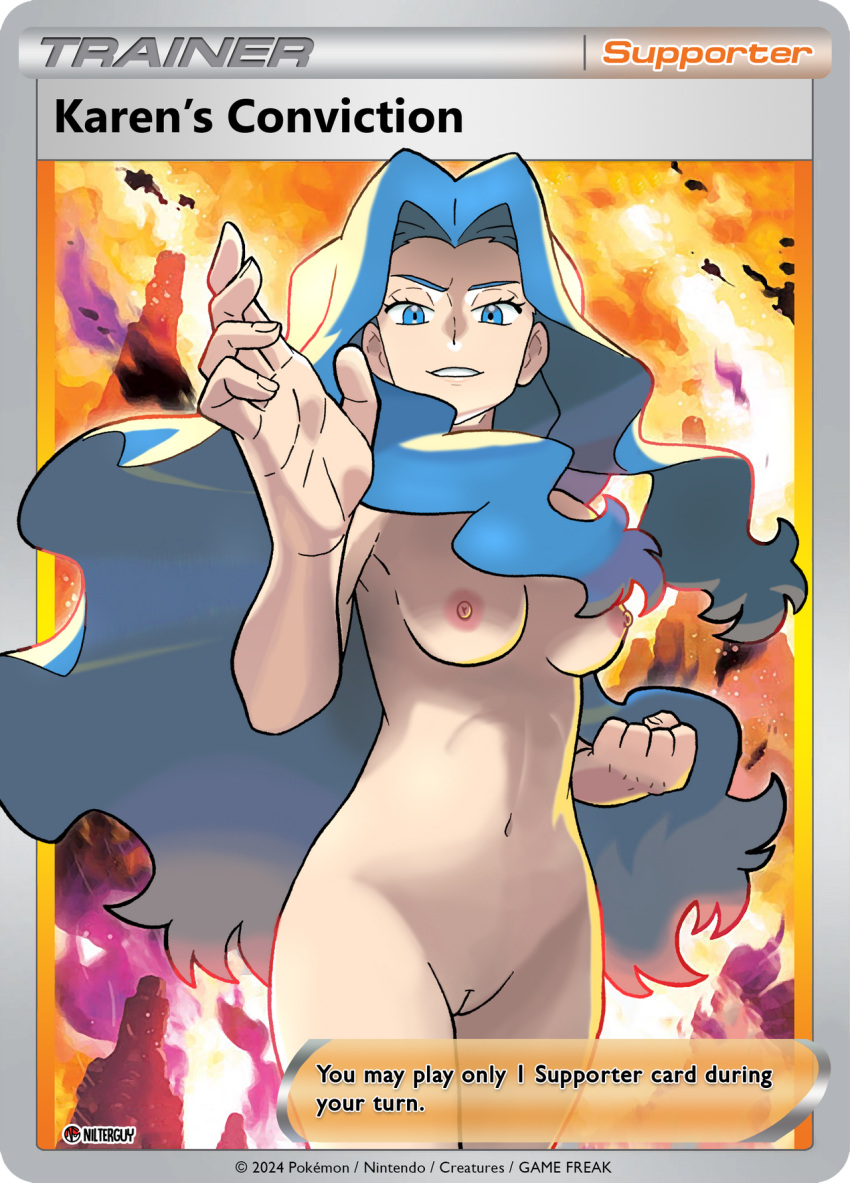 1girls accurate_art_style areolae armpit blue_eyes blue_hair breasts casual casual_nudity clenched_fist completely_naked completely_nude completely_nude_female edit edited_official_artwork english_text female human karen_(pokemon) long_hair looking_at_viewer naked naked_female navel nintendo nipples nonsexual_nudity nude nude_female nude_filter nudefilterguy official_style pale-skinned_female pale_skin pokemon pokemon_card pokemon_gsc pokemon_hgss pokemon_trading_card_game pussy shaved_pussy smile solo solo_female standing text trading_card