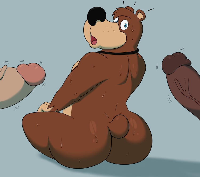 2024 absurd_res anthro ass banjo-kazooie banjo_(banjo-kazooie) bear big_butt big_penis black_nose blue_eyes bodily_fluids brown_body brown_ears brown_fur brown_hair brown_tail colossalstars dark-skinned_male digital_media_(artwork) erection fur gay genitals grey_background group hair hi_res jewelry looking_at_genitalia looking_at_penis looking_back male male/male mammal multicolored_body multicolored_fur necklace nude penis rareware rear_view short_tail simple_background sitting surprise surprised_expression sweat tail thick_thighs tongue trio two_tone_body two_tone_fur vein veiny_penis