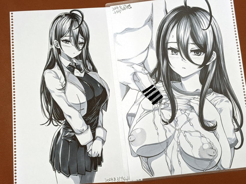 1boy ahoge bar_censor blush bow bowtie breasts censored clothes_lift cum_on_chest dated female greyscale gym_uniform hair_between_eyes hair_ornament jacket kimishima_ayano large_breasts lifting_own_clothes long_hair looking_at_viewer monochrome nipples out_of_frame own_hands_together photo_(medium) school_uniform shadow shirt shirt_lift signature simple_background skirt tokidoki_bosotto_russian_de_dereru_tonari_no_alya-san traditional_media tsujizen underboob very_long_hair white_background