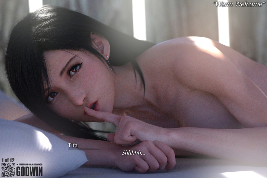 1girls 3d 3d_model black_hair caption earring earrings female female_focus female_only final_fantasy final_fantasy_vii godwin human human_only in_bed light-skinned_female light_skin looking_at_viewer neroxliv nude red_eyes shushing subtitled tagme tifa_lockhart