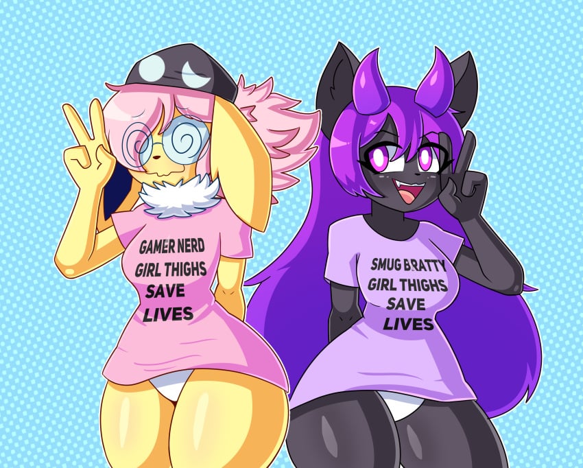 2024 2d 2girls absurd_res anthro black_body black_fur breasts clothing digital_media digital_media_(artwork) duo eeveelution english_text fan_character female female/female female_only fur generation_1_pokemon gesture hair hand_gesture hi_res jolteon lagomorph leporid long_hair mammal mintyspirit neck_tuft nintendo panties partially_clothed pink_clothing pink_hair pink_shirt pink_topwear pokemon pokemon_(species) purple_clothing purple_hair purple_shirt purple_topwear rabbit shirt text text_on_clothing text_on_shirt text_on_topwear thick_thighs topwear tuft underwear v_sign white_clothing white_panties white_underwear wide_hips yellow_body yellow_fur