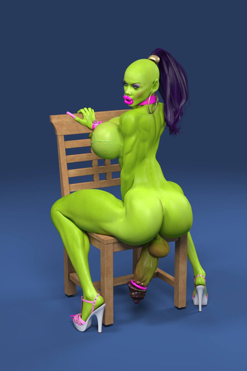 3d bimbo bimbo_lips chair collar futanari gif_author huge_breasts huge_cock orc orc_futanari solo solo_futa