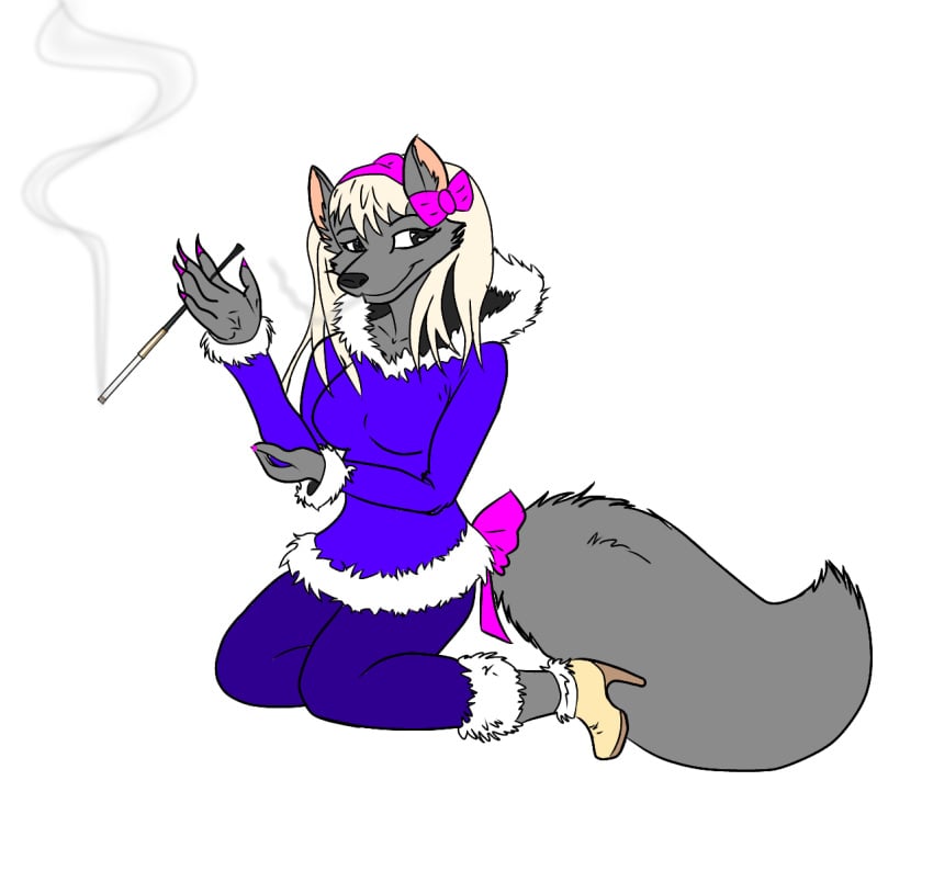 anthro black_eyes blonde_hair boots bow_tie bowtie breasts cigarette cigarette_holder clothed clothes clothing fancy female female_only fur furry furry_ears furry_only furry_tail grey_fur smoke smoker smoking smoking_fetish wolf