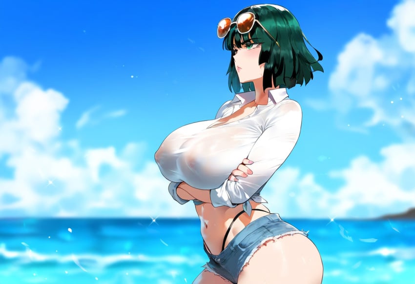 1girls ai_generated bare_thighs big_breasts blush breasts_bigger_than_head clothed clothing color female female_focus female_only fubuki_(one-punch_man) green_eyes green_hair henrik_n hi_res jean_shorts jewelry large_breasts light-skinned_female light_skin looking_at_viewer nipples_visible_through_clothing no_bra one-punch_man short_hair solo solo_female sunglasses sunglasses_on_head tagme thick_thighs wet_shirt