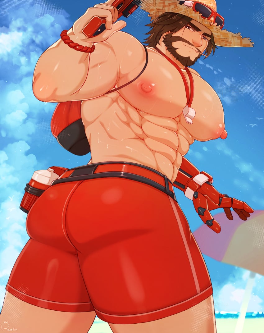 1boy ass ass_focus bara beard blizzard_entertainment brown_hair clothing cole_cassidy lifeguard_cassidy male male_nipples male_only manly mature_male muscular_male nipples overwatch overwatch_2 rapbitan