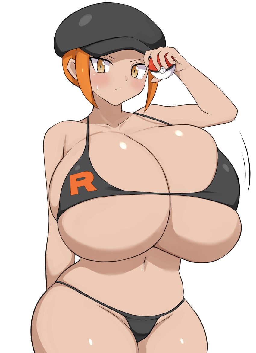 alternate_breast_size bikini breasts breasts_bigger_than_head cleavage creatures_(company) female female_focus female_only game_freak huge_breasts hyper hyper_breasts jaga334 nintendo npc_trainer orange_hair pokemon simple_background solo swimsuit swimwear team_rocket_grunt team_rocket_grunt_(female) thick_thighs white_background